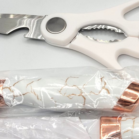 6 Knives Kitchen Cutlery White/Gold Handles Plastic Block Holder EVEYEALTH New - Picture 3 of 14